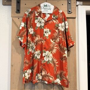 Hawaiian Shirt Men's Large Red Floral Camp Aloha Tropical Rayon Caribbean Joe